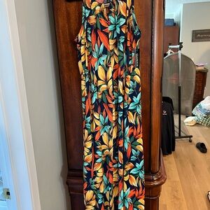 Glamour Multicolor Leaf Print Dress Long Size 14